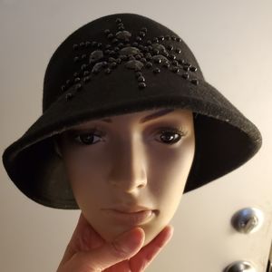 Vintage Scala Black Cloche Wool Beaded Hat